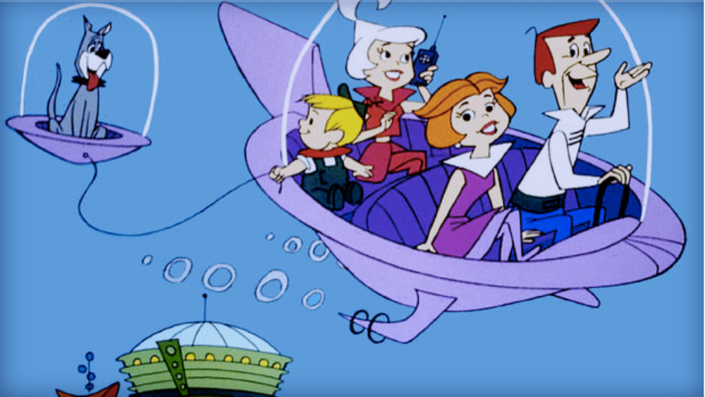a kiddie show depicting a family riding on a spaceship while their dog tags along on its own spaceship too