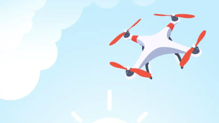 a white quadcopter drone with red propellers