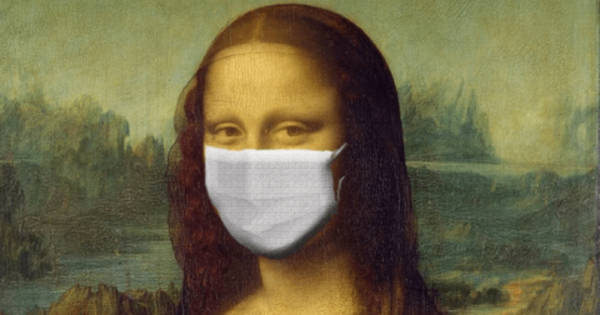 Mona Lisa wearing a white surgical mask
