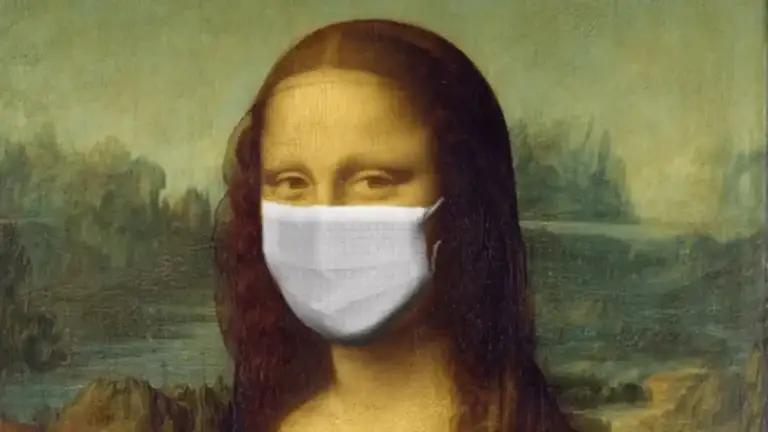 Mona Lisa wearing a white surgical mask