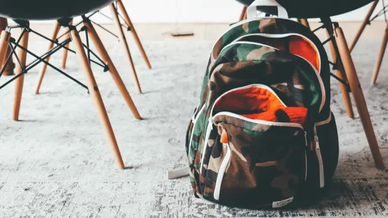 a school backpack sits on the ground in a classroom