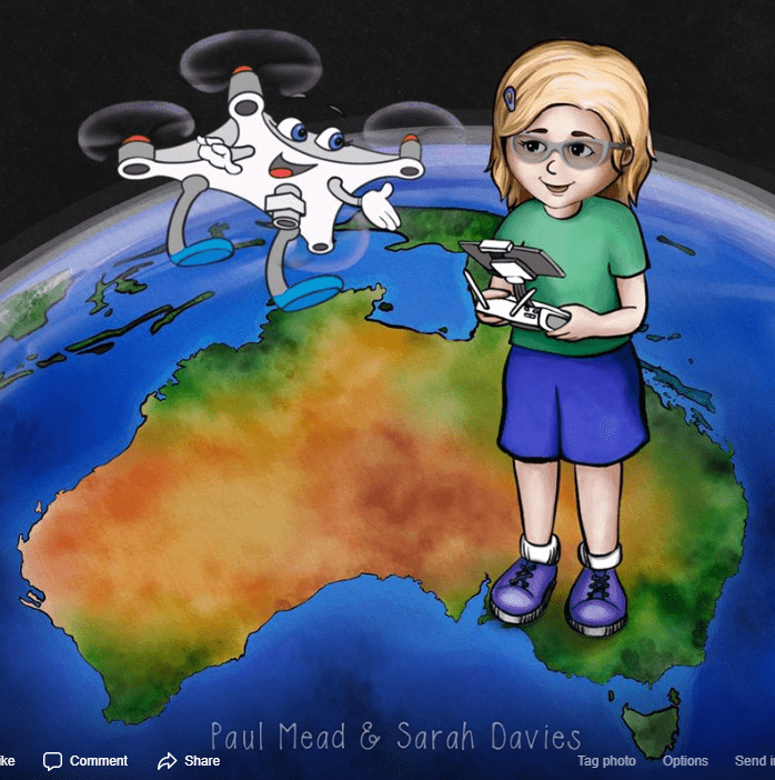 Pippa and Dronie standing over the Australian continent