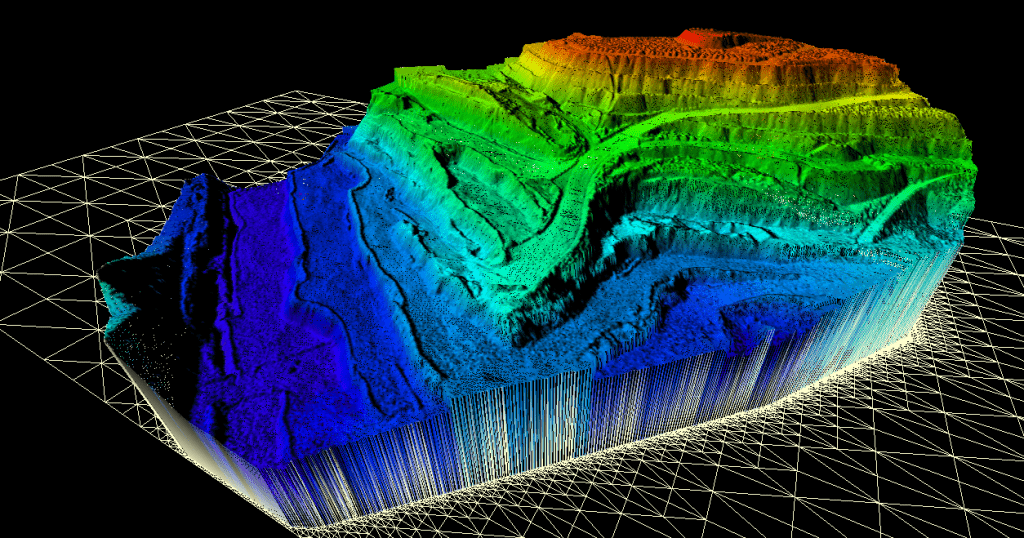 Photogrammetry map of a coal mine showing colourful topography