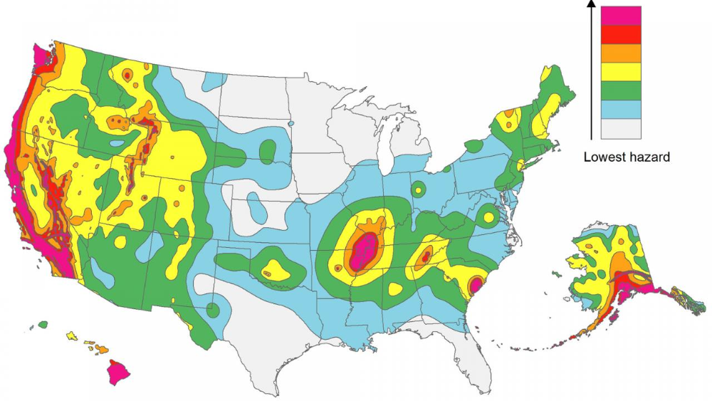 Earthquake map showing potential hazards in the US