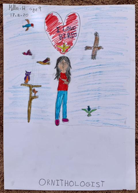 a sketch of a woman who loves and is surrounded by birds drawn by a 9 year old student