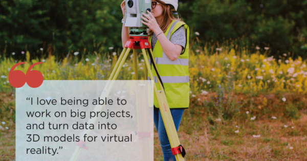 a photo showing a direct quote from a female surveyor using her tripod and equipment to do some field work