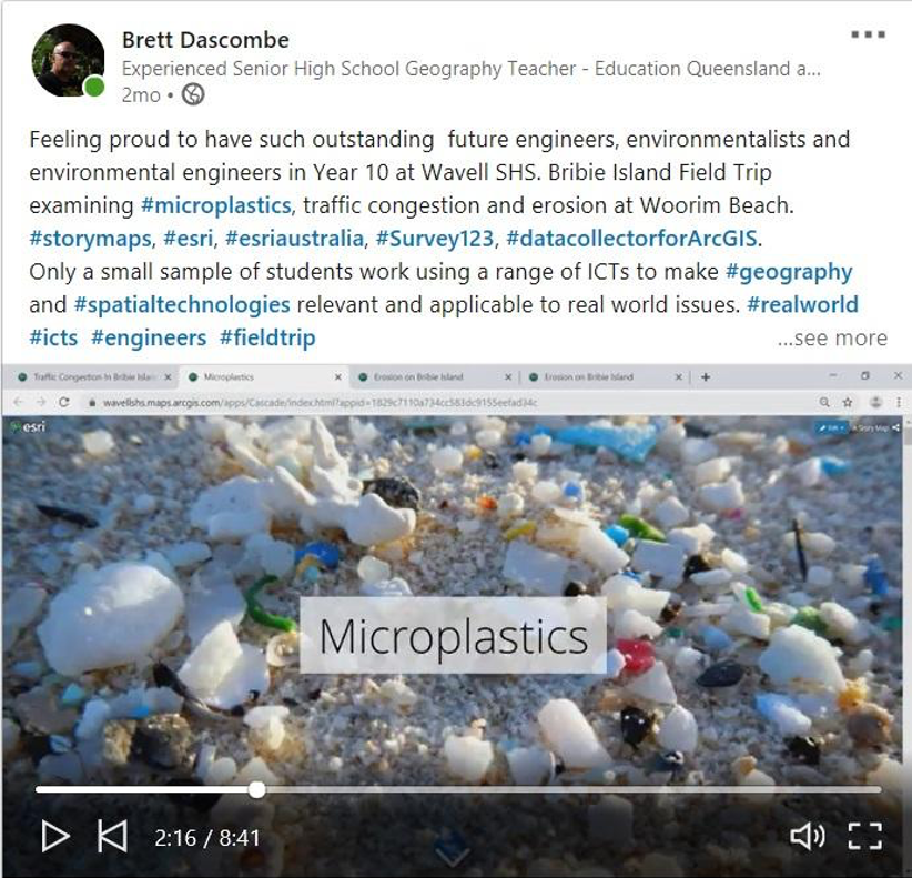 a LinkedIn post about one of Brett Dascombe student’s Geospatial assignment