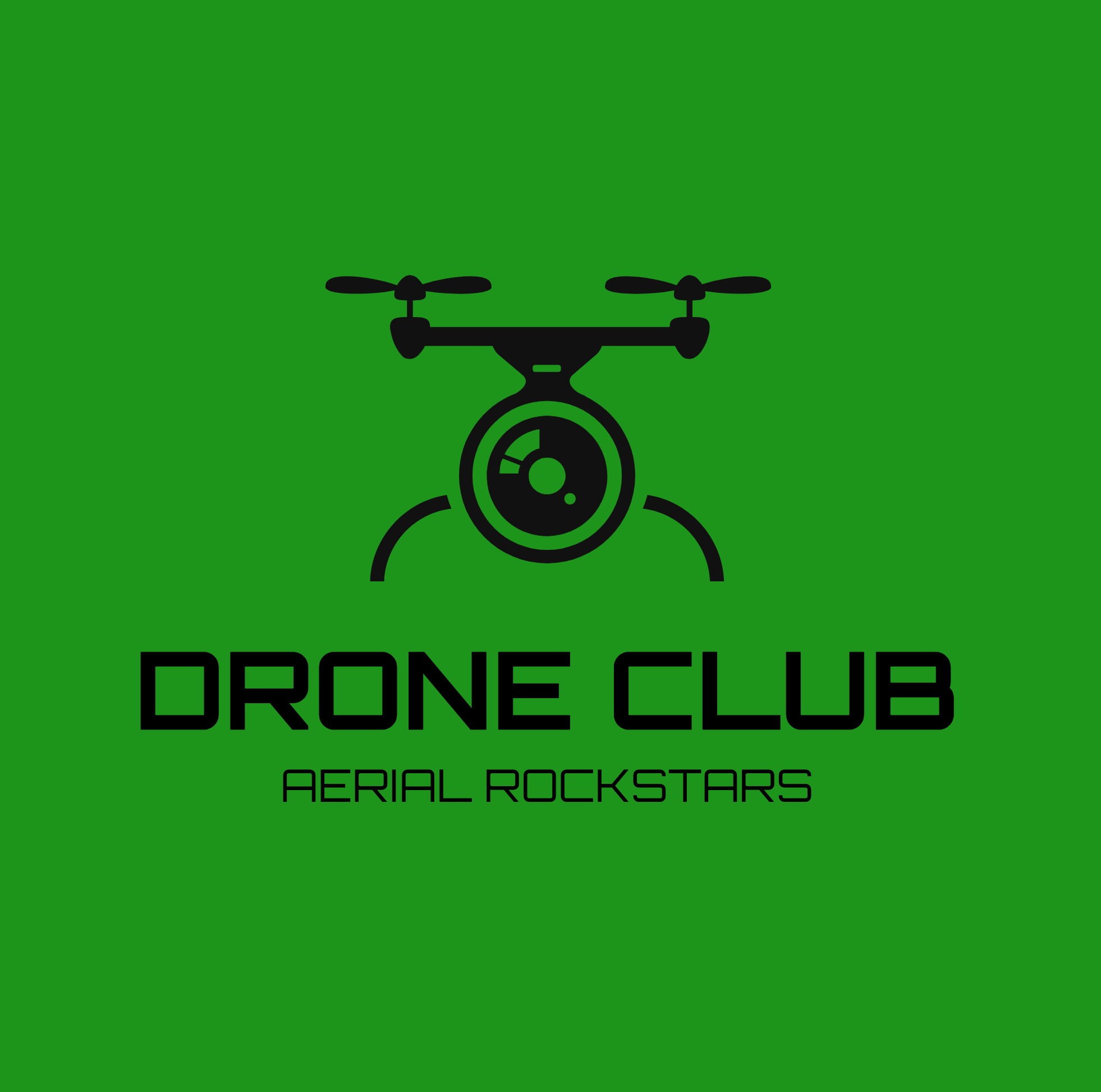 a green banner displaying a drone image and drone club aerial rockstars text logo