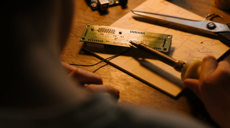 a man fixing a circuit board under an incandescent light source