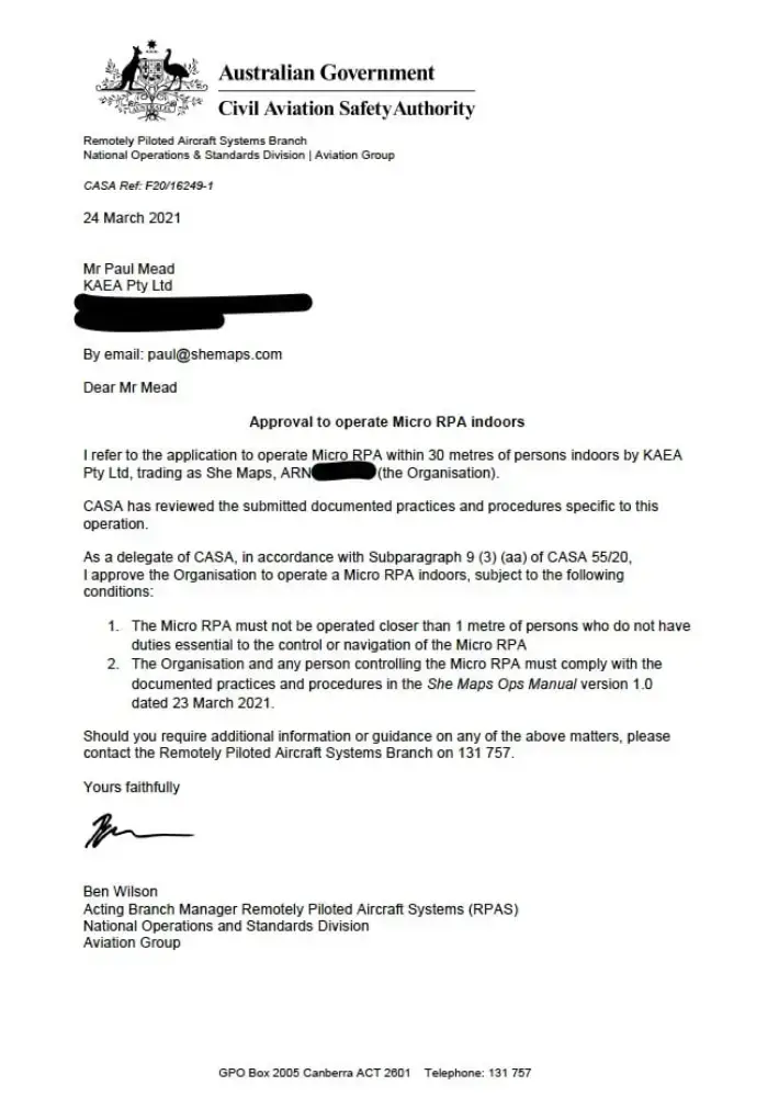 proof of CASA approval to operate micro RPA indoors