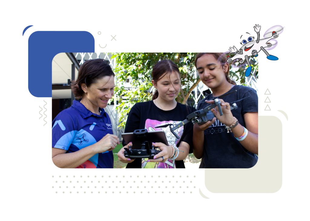 three women looking at an iPad and using a drone