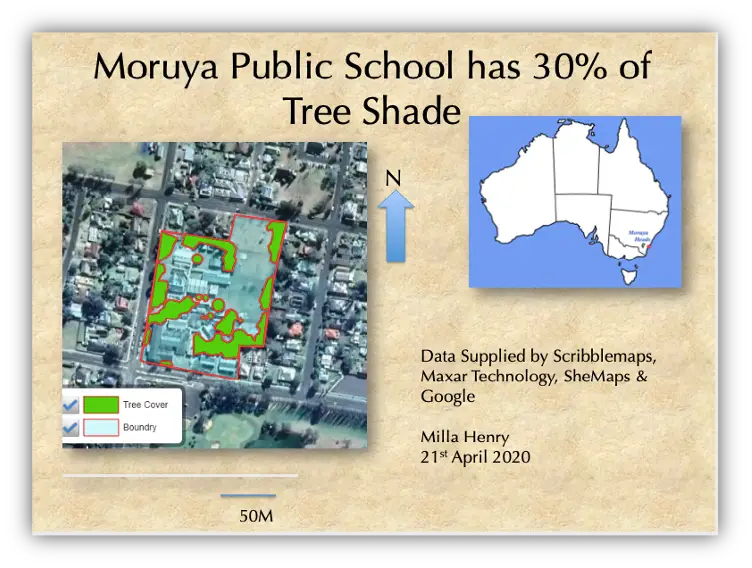 mapping for kids a map of Moruya Public School showing it has 30% tree shade