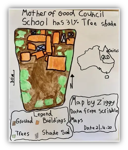 mapping for kids map of mother of good council school that shows it only has 31% tree shade