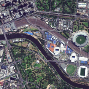 aerial view of parks, highways, buildings, and stadiums in Melbourne