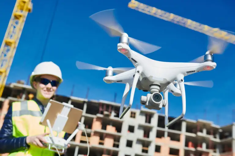 drone operated by construction worker on building site