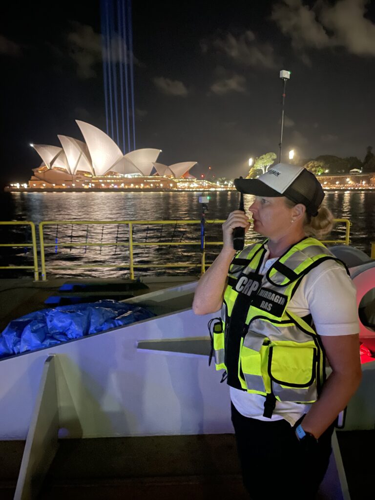 Sue Osbourne doing a radio call at the Elevate Drone Light Show in Sydney