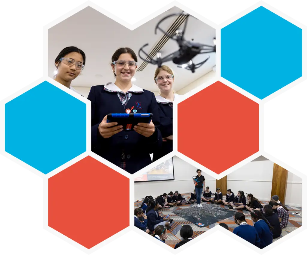 Drone instructor with students banner
