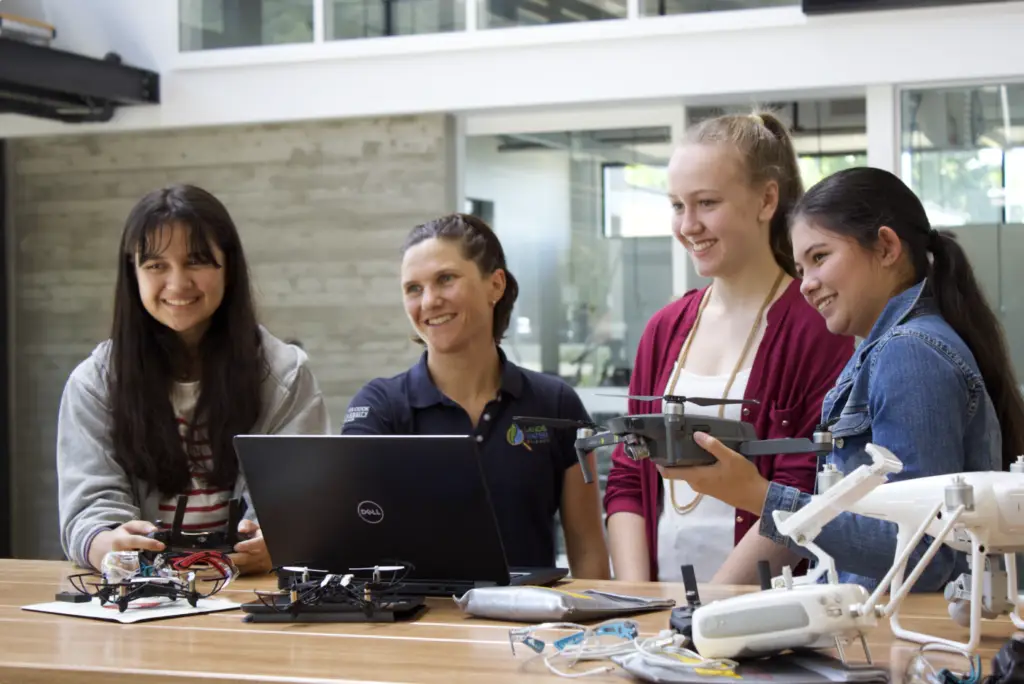 Dr Karen Joyce and students displaying drones