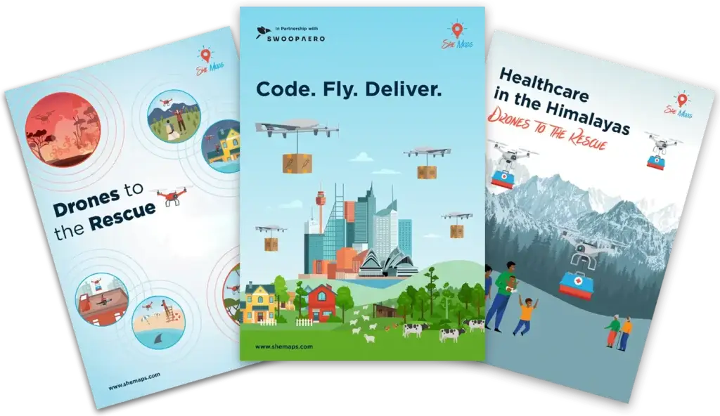 Posters featuring drones for delivery and rescue.