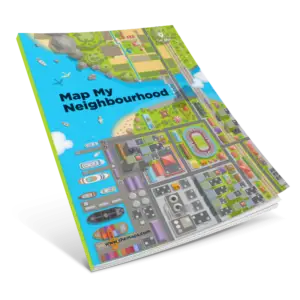 Illustrated map of neighbourhood with water and stadium.