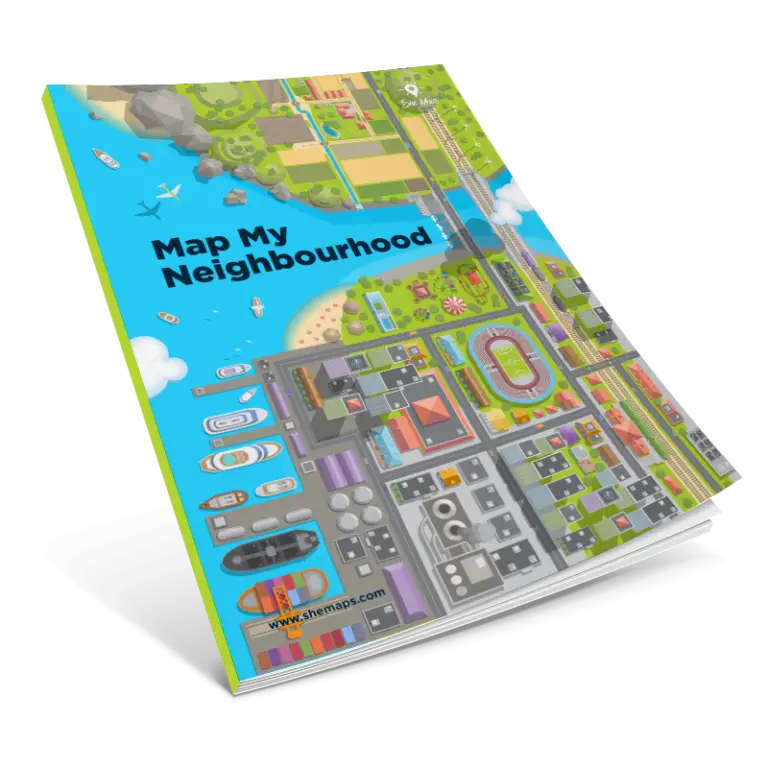Illustrated map of neighbourhood with water and stadium.