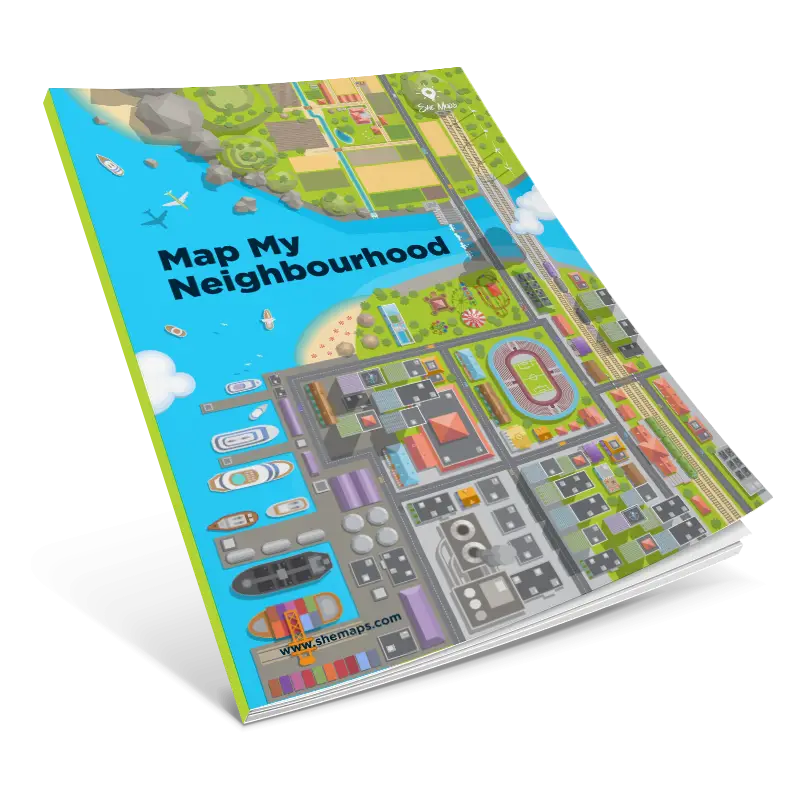 Illustrated map of neighbourhood with water and stadium.