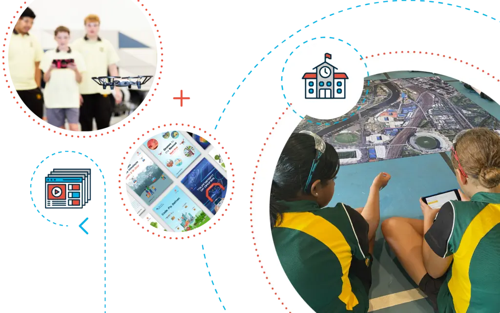 Students learning with drones, maps, and tablets in school.