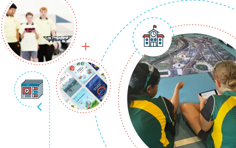 Students learning with drones, maps, and tablets in school.