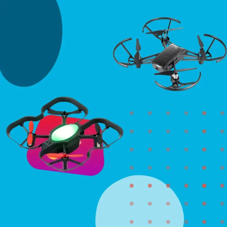 Two small drones on a colourful background.