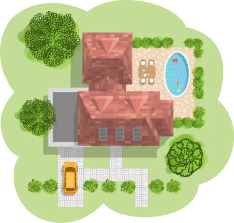 Aerial view of house with pool and garden.