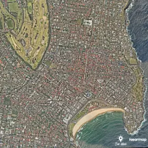 Aerial view of coastal suburb.