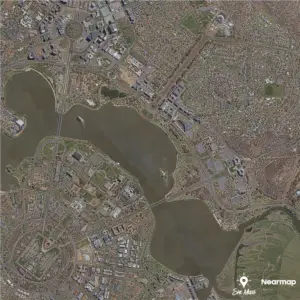Aerial view of a city and river