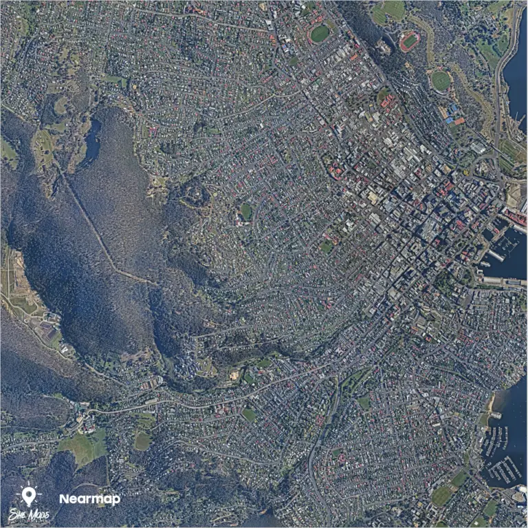 Aerial view of a coastal urban area.