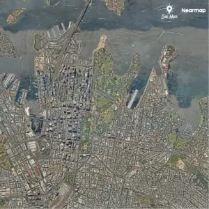Aerial view of a city and waterfront