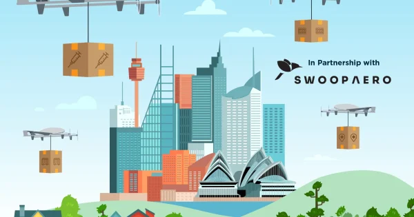 delivery drones flying over a city