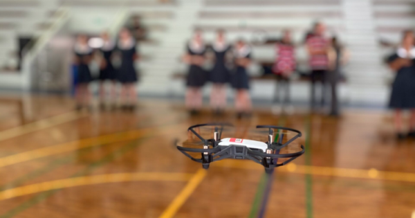 flying drone in a gym