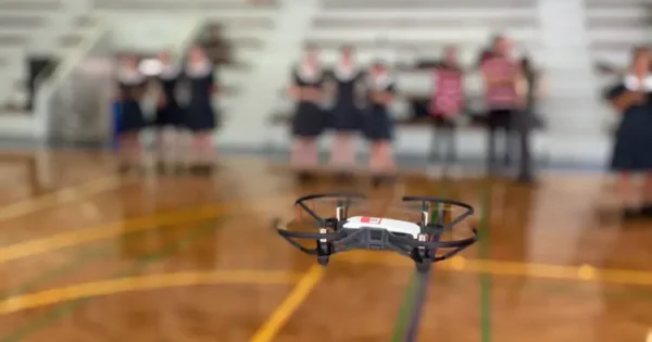 flying drone in a gym