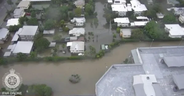 drone capture of a flooded street in Townsville