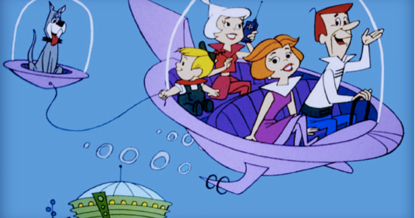 a kiddie show depicting a family riding on a spaceship while their dog tags along on its own spaceship too